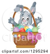 Poster, Art Print Of Happy Gray Easter Bunny Popping Out From Behind A Basket Of Eggs