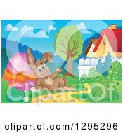 Poster, Art Print Of Brown Easter Bunny Rabbit Waving And Leaning Against A Giant Pink Easter Egg Behind Houses