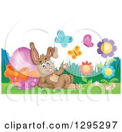 Poster, Art Print Of Brown Easter Bunny Rabbit Waving And Leaning Against A Giant Pink Easter Egg With Butterflies And Flowers