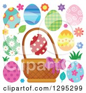 Clipart Of A Basket Easter Eggs Flowers And Grass Royalty Free Vector Illustration