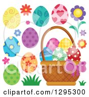 Poster, Art Print Of Basket Patterned Easter Eggs Flowers And Grass