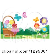 Poster, Art Print Of Basket Of Easter Eggs With Butterflies And Flowers In A Spring Landscape