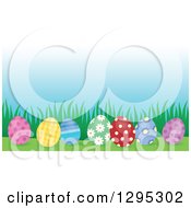 Poster, Art Print Of Patterned Easter Eggs With Grass And Blue Sky