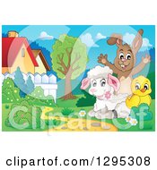 Poster, Art Print Of Happy Brown Bunny Cheering Behind A Spring Lamb And Chick In A Meadow