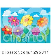 Clipart Of Colorful Growing Spring Flowers Against Mountains And Sky Royalty Free Vector Illustration