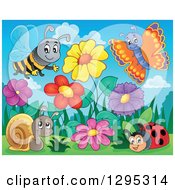 Poster, Art Print Of Spring Flower Garden With A Cartoon Happy Bee Butterfly Ladybug And Snail