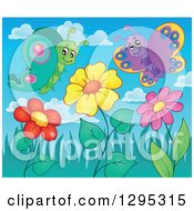Poster, Art Print Of Spring Flower Garden With Cartoon Happy Butterflies