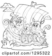 Black And White Lineart Cartoon Vikings Ready For Battle In A Ship