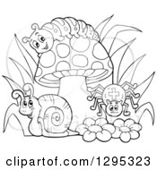 Poster, Art Print Of Happy Lineart Black And White Cartoon Caterpillar Snail And Spider By A Mushroom And Flowers