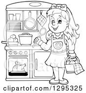 Poster, Art Print Of Lineart Black And White Happy Girl Playing In A Pretend Kitchen Set Up