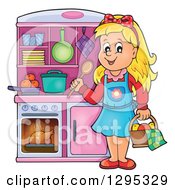 Poster, Art Print Of Happy Blond White Girl Playing In A Pretend Kitchen Set Up