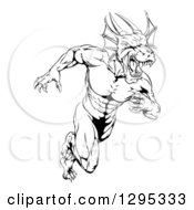Poster, Art Print Of Black And White Muscular Aggressive Dragon Man Mascot Sprinting