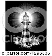 Clipart Of A Spiral Lighthouse And Shining Beacon Engraved On Black Royalty Free Vector Illustration by AtStockIllustration