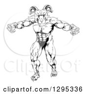Poster, Art Print Of Black And White Muscular Angry Ram With Claws Bared