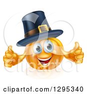Pleased Thanksgiving Pumpkin Character Wearing A Pilgrim Hat And Giving Two Thumbs Up