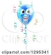 Poster, Art Print Of 3d Blue Smiling Happy Birthday Balloon Character And Colorful Ribbon Confetti