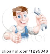 Clipart Of A Happy Brunette Middle Aged Caucasian Mechanic Man Holding A Wrench And Giving A Thumb Up Royalty Free Vector Illustration