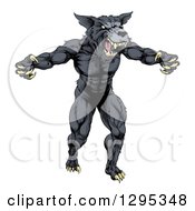 Poster, Art Print Of Muscular Angry Aggressive Black Wolf Man Attacking