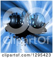 Clipart Of A Team Of Black Silhouetted Dancers On Grunge Over Blue Magical Swirls Royalty Free Vector Illustration