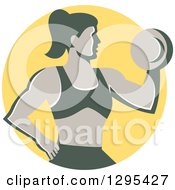 Poster, Art Print Of Retro Muscular Fit Woman Working Out With A Dumbbell And Doing Bicep Curls In A Yellow Circle