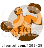 Retro Muscular Male Crossfit Bodybuilder With Dumbbells Emerging From A Taupe Circle