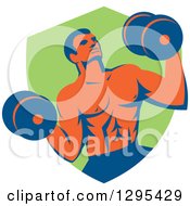 Poster, Art Print Of Retro Muscular Male Crossfit Bodybuilder With Dumbbells Emerging From A Green Shield