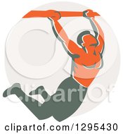 Poster, Art Print Of Retro Strong Male Bodybuilder Doing Pull Ups On A Bar Over A Taupe Circle
