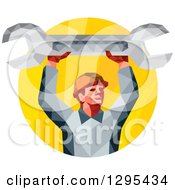 Poster, Art Print Of Retro Low Poly Male Mechanic Holding Up A Spanner Wrench In A Yellow Circle