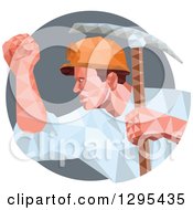 Retro Low Poly Male Coal Miner With A Pickaxe And Fist In A Gray Circle