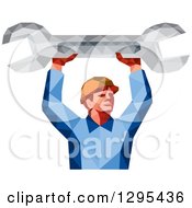 Poster, Art Print Of Retro Low Poly Male Mechanic Holding Up A Spanner Wrench