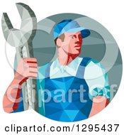 Poster, Art Print Of Retro Low Poly Male Mechanic Holding A Spanner Wrench In A Circle