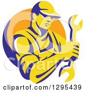 Clipart Of A Retro Yellow And Blue Male Mechanic Holding A Wrench In An Orange Circle Royalty Free Vector Illustration