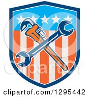Poster, Art Print Of Crossed Plumber Monkey Wrench And Spanner Wrench In An American Shield