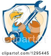 Cartoon Bald Eagle Mechanic With A Wrench In A Blue White And Pastel Orange Shield