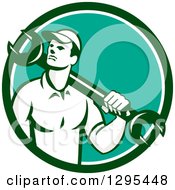 Poster, Art Print Of Retro Male Mechanic Holding A Wrench Over His Shoulder In A Green White And Turquoise Circle