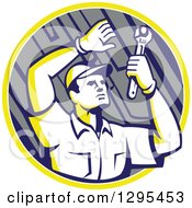 Poster, Art Print Of Retro Male Mechanic Working Uner A Car Chassis In A Yellow White And Gray Circle