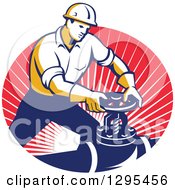 Poster, Art Print Of Retro Male Pipe Fitter Plumber Turning A Valve In An Oval Of Red Rays
