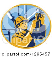 Clipart Of A Retro Male Pipe Fitter Plumber Working In A Yellow And Blue Oval Royalty Free Vector Illustration