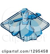 Poster, Art Print Of Retro Blue Male Plumber Holding A Monkey Wrench Over His Shoulder In A Blue And White Diamond