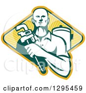Poster, Art Print Of Retro Male Plumber Holding A Monkey Wrench By A Tank In A Yellow Green And White Ray Diamond