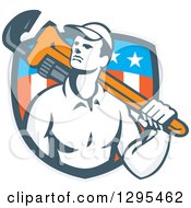 Poster, Art Print Of Retro Male Plumber Holding A Monkey Wrench Over His Shoulder In An American Shield