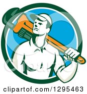 Poster, Art Print Of Retro Male Plumber Holding A Monkey Wrench Over His Shoulder In A Blue White And Green Circle