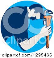 Clipart Of A Retro Male Plumber Bowing And Holding A Monkey Wrench To His Head In A Blue Circle Royalty Free Vector Illustration
