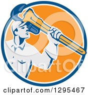 Clipart Of A Retro Male Plumber Holding A Giant Monkey Wrench In A Blue Orange And White Circle Royalty Free Vector Illustration