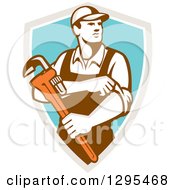 Poster, Art Print Of Retro Male Plumber Holding A Monkey Wrench And Rolling Up His Sleeves In A Taupe White And Turquoise Shield