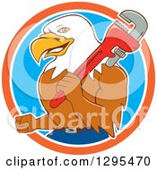 Poster, Art Print Of Cartoon Bald Eagle Plumber With A Monkey Wrench In An Orange White And Blue Circle