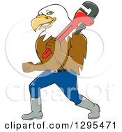Poster, Art Print Of Cartoon Bald Eagle Plumber Walking With A Monkey Wrench