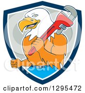 Poster, Art Print Of Cartoon Bald Eagle Plumber With A Monkey Wrench In A Blue White And Gray Shield
