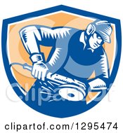 Poster, Art Print Of Retro Woodcut Metal Worker Using A Grinder In A Blue White And Orange Shield