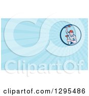 Clipart Of A Cartoon Male Plumber Holding A Monkey Wrench And Plunger And Blue Rays Background Or Business Card Design Royalty Free Illustration